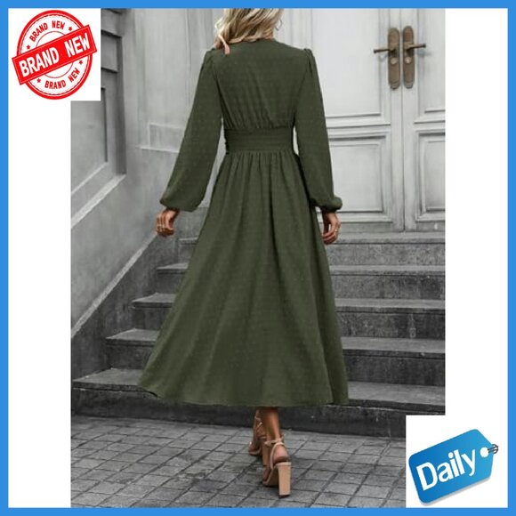 Swiss Dot Maxi Dress V-Neck Long Lantern Sleeves A-Line Flowy - Picture 4 of 8